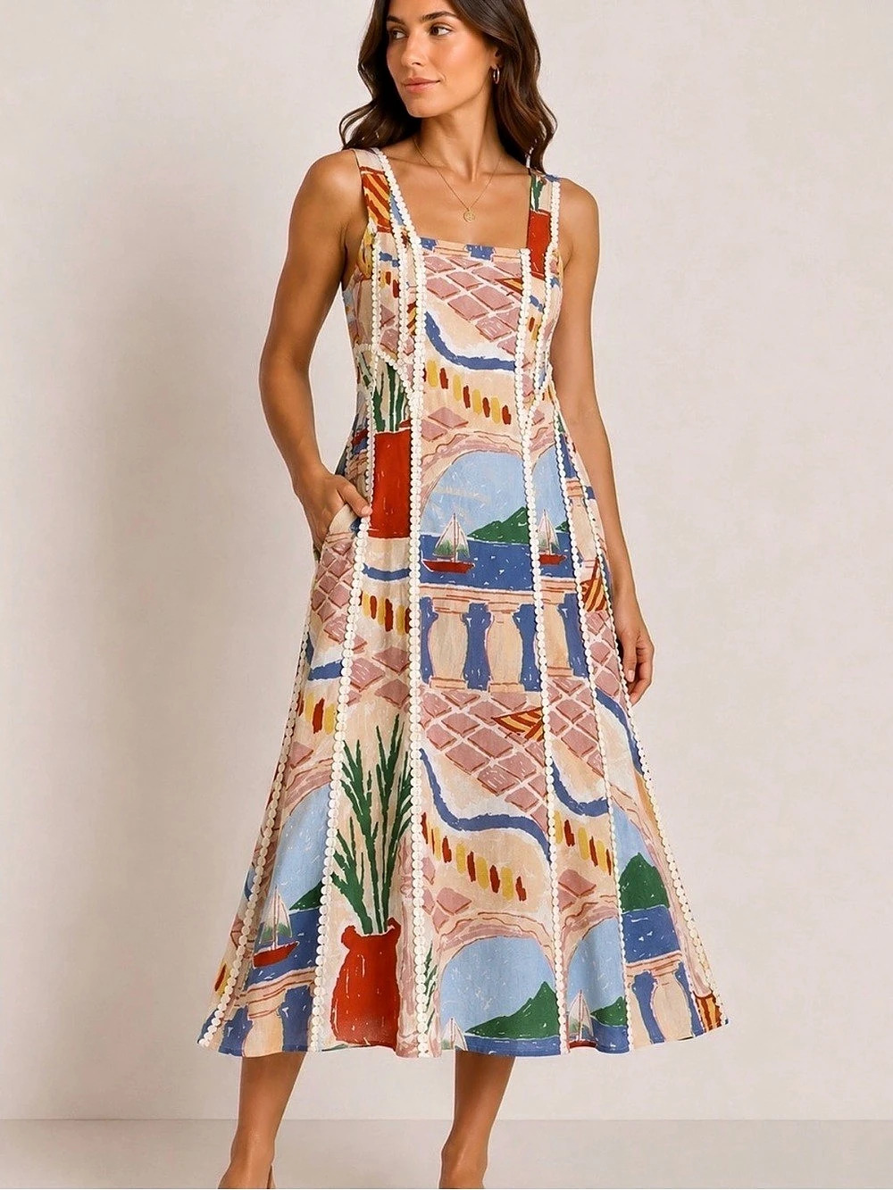 NWT Christian Lacroix Abstract Midi Dress in Cream & Red Size MEDIUM